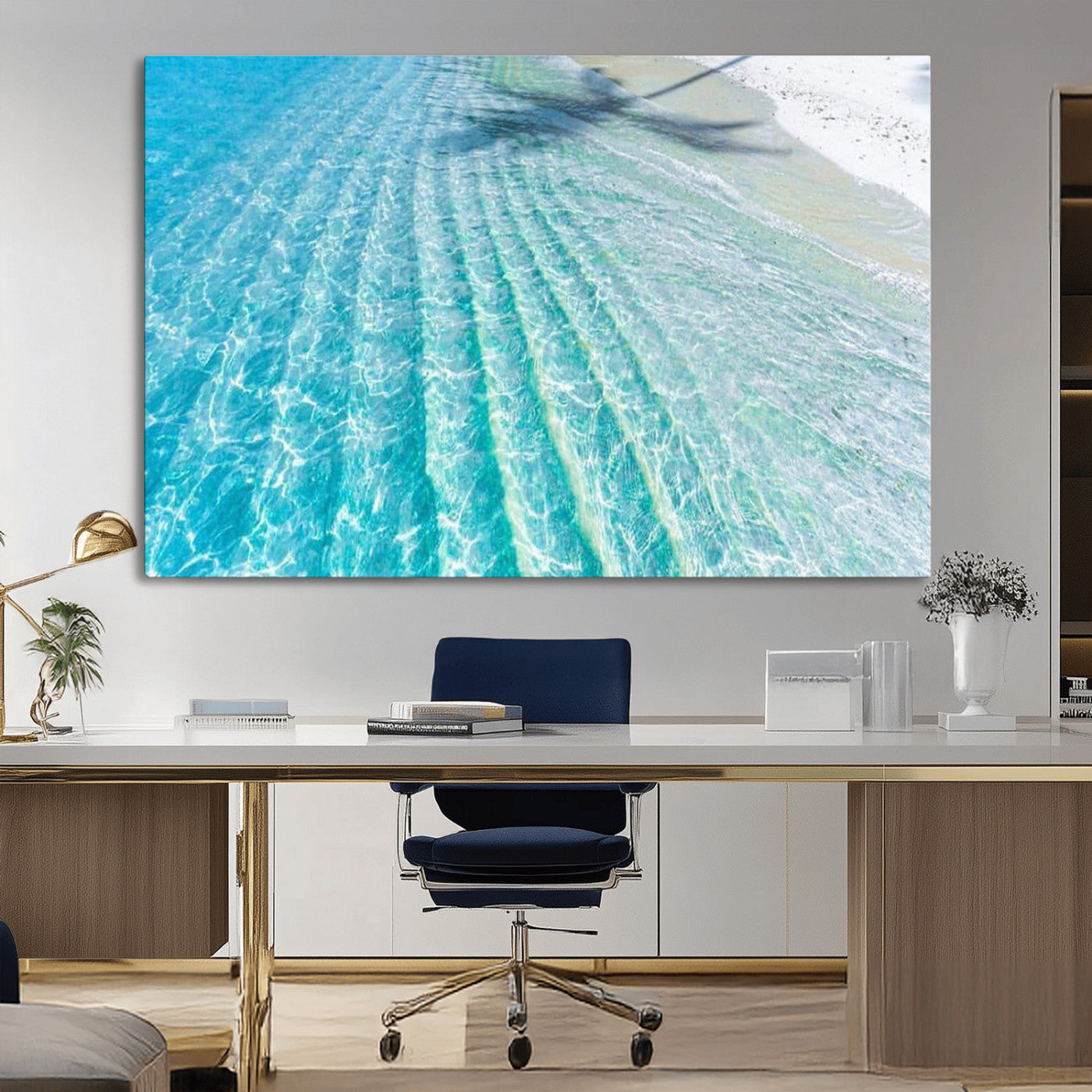 17528159-MGV-CV-36X24-Crystal Clear Shallow Ocean Water with Sunlight Reflections and Palm Tree Shadow on Sandy Beach – Beautiful Wall Art Canvas Print for Coastal Decor
