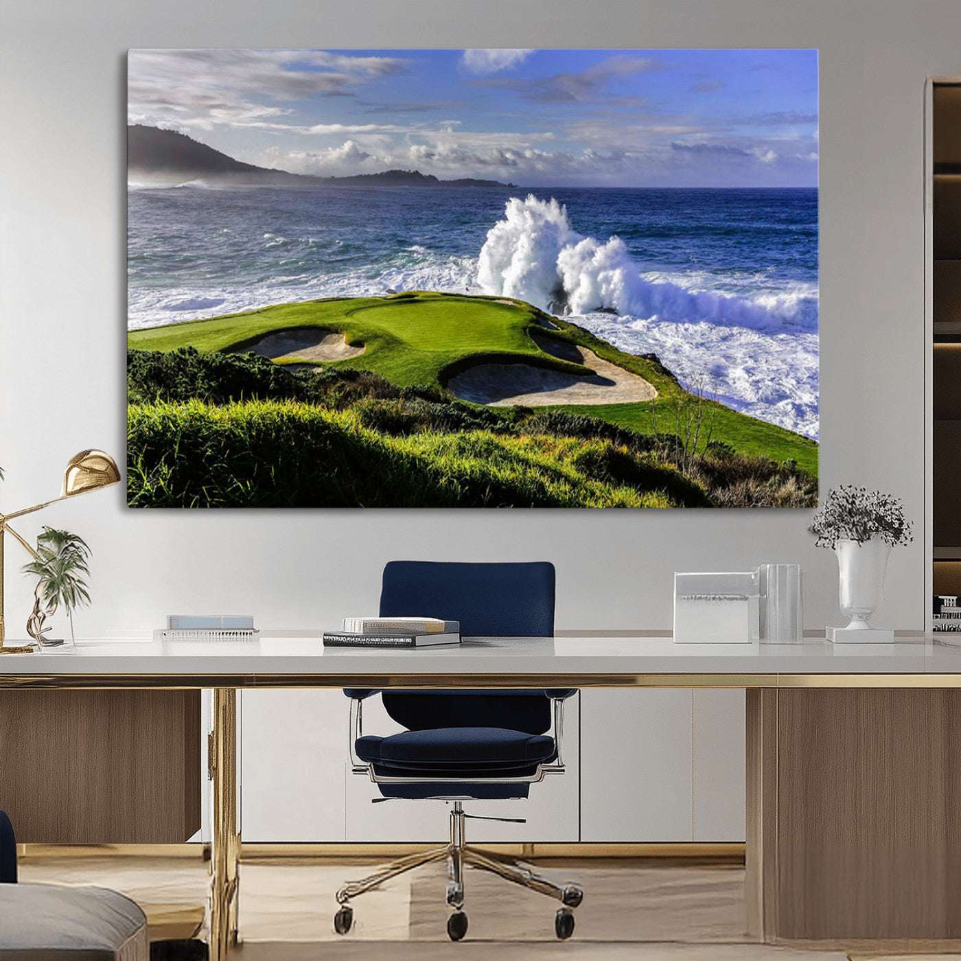 78508908-MGV-CV-36X24-Dramatic Ocean Waves Crashing Against Rocky Coastline Near a Green Golf Course – Stunning Wall Art Canvas Print for Nature and Sports Lovers