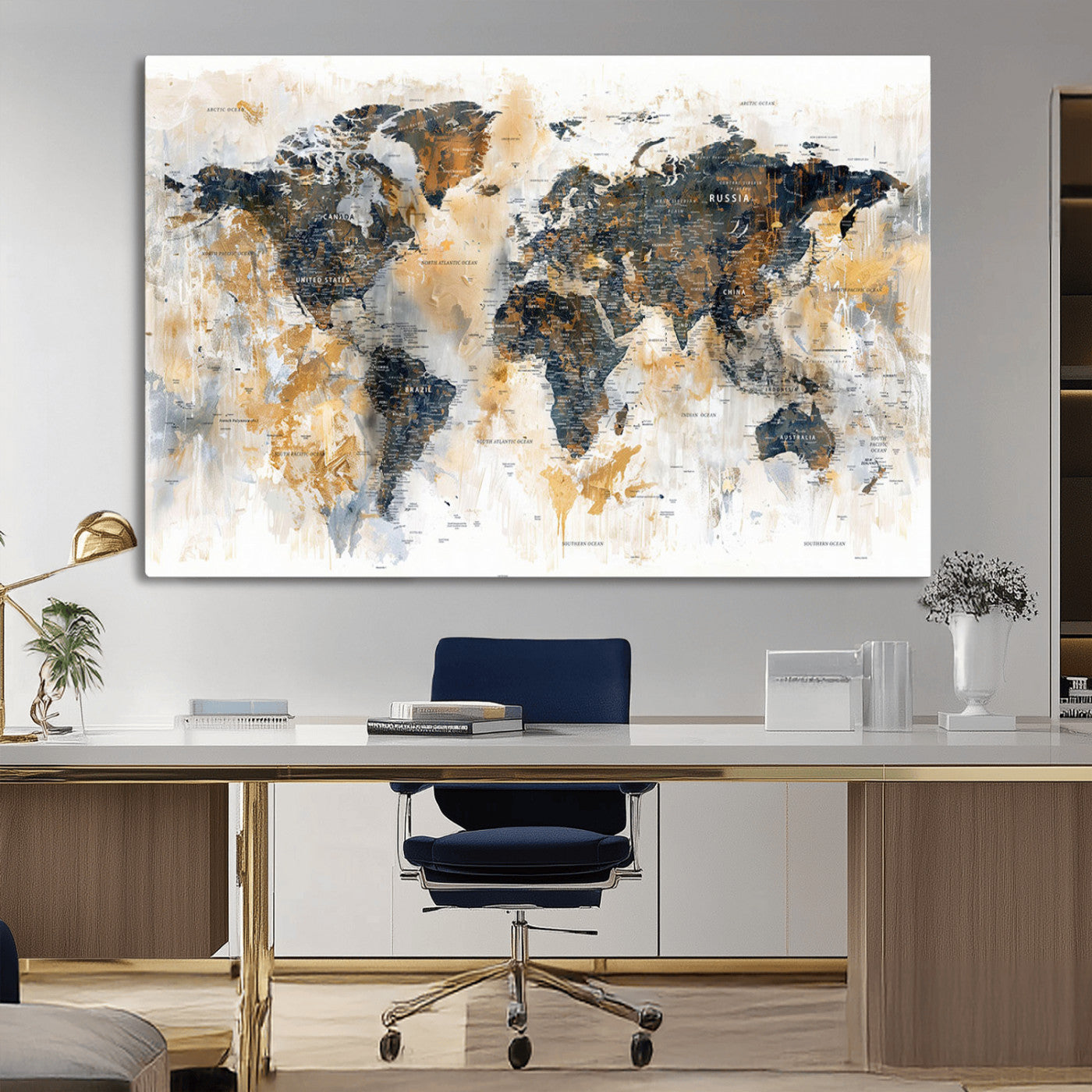 Artistic world map with textured brush strokes in shades of gold, navy blue, and white, showing continents and countries with an abstract, painterly effect.