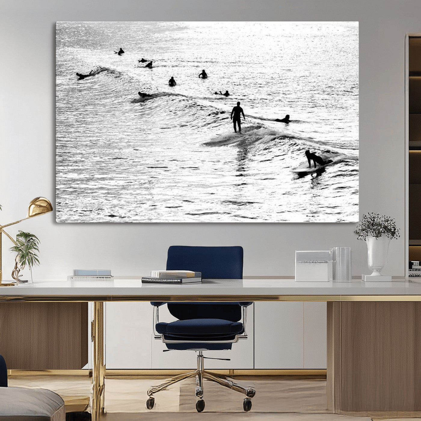 19970637-MGV-CV-36X24-Black and white artistic view of surfers riding and paddling on waves in the ocean, capturing the dynamic motion and energy of surfing