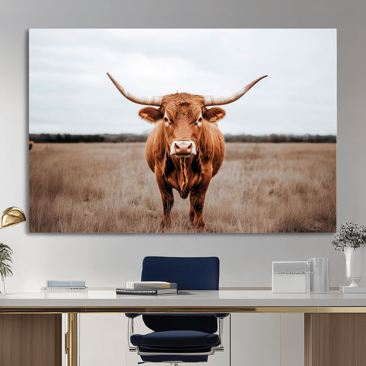 16316734-MGV-CV-36X24 - Longhorn bull, open field, rustic charm, natural beauty, Wall Art Canvas Print, countryside,