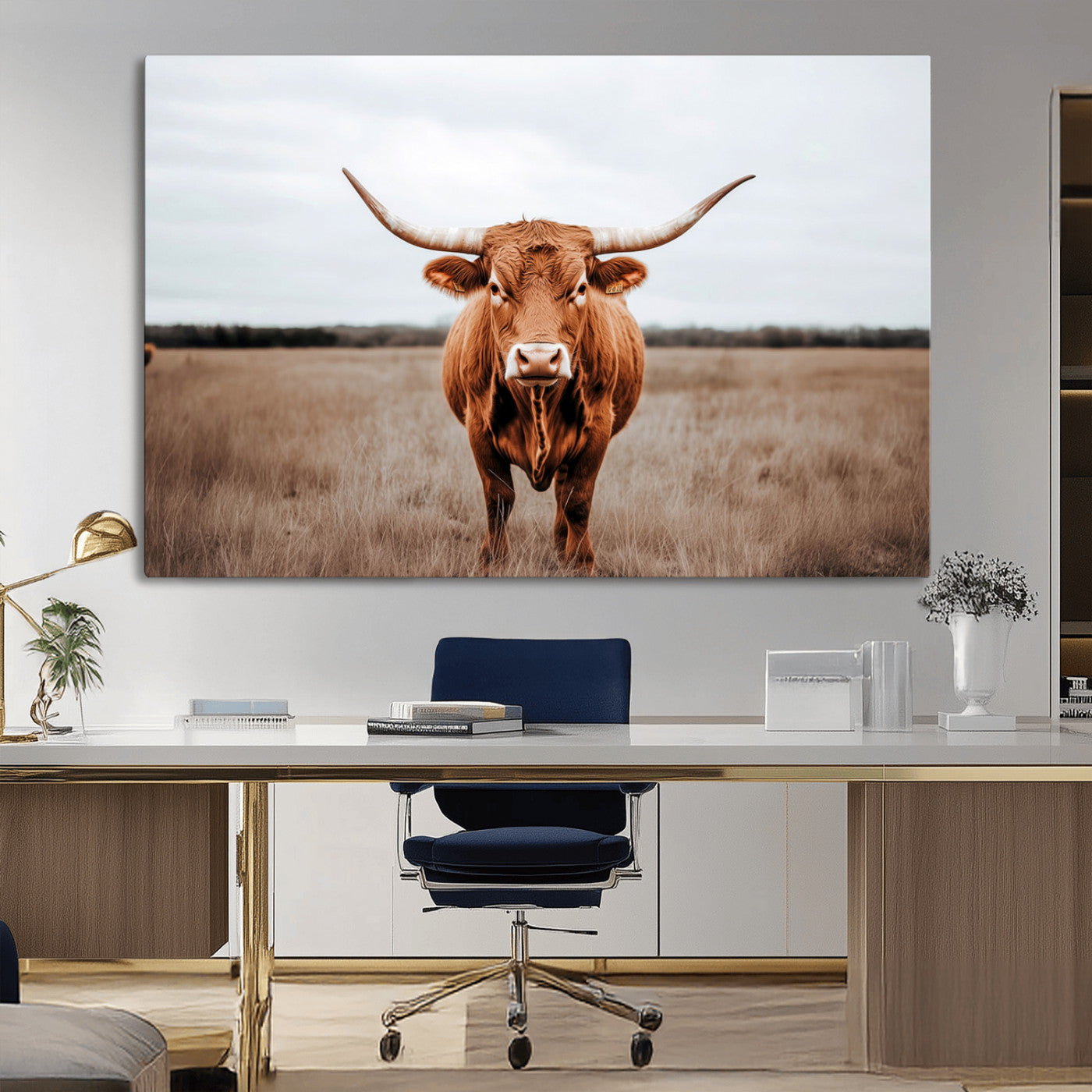 MGV-CV-36X24 - Longhorn bull, open field, rustic charm, natural beauty, Wall Art Canvas Print, countryside,