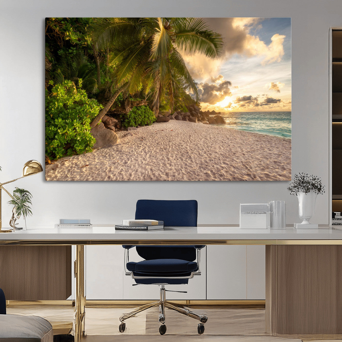 89531159-MGV-CV-36X24-Tropical beach sunset, palm trees, white sand, ocean waves, golden sky, serene landscape, nature beauty, tranquil shore, Wall Art Canvas Print