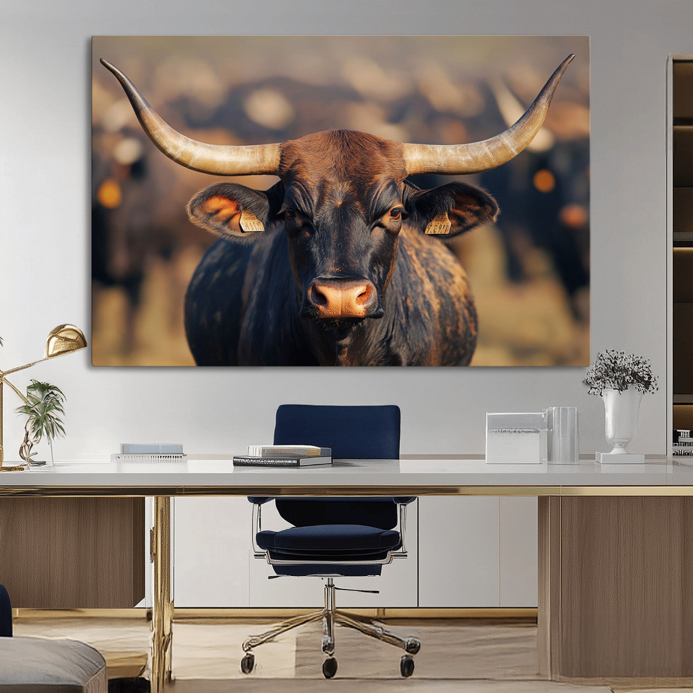 35515971-MGV-CV-36X24-Majestic bull head close-up, long curved horns, detailed fur texture, warm sunlight, focused gaze, Wall Art Canvas Print