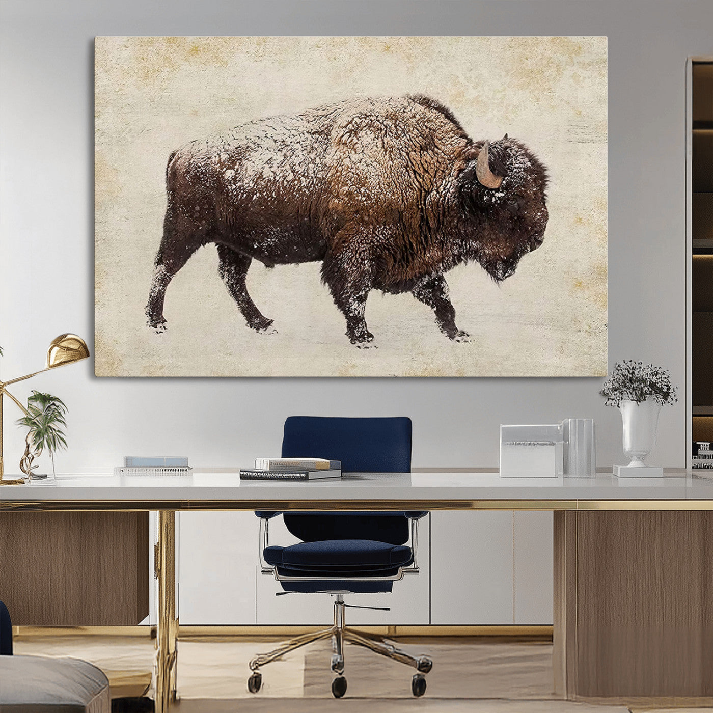 54810031-MGV-CV-36X24-Snow-dusted bison silhouette textured vintage style rugged wildlife art with neutral tones perfect for rustic home decor Wall Art Canvas Print design
