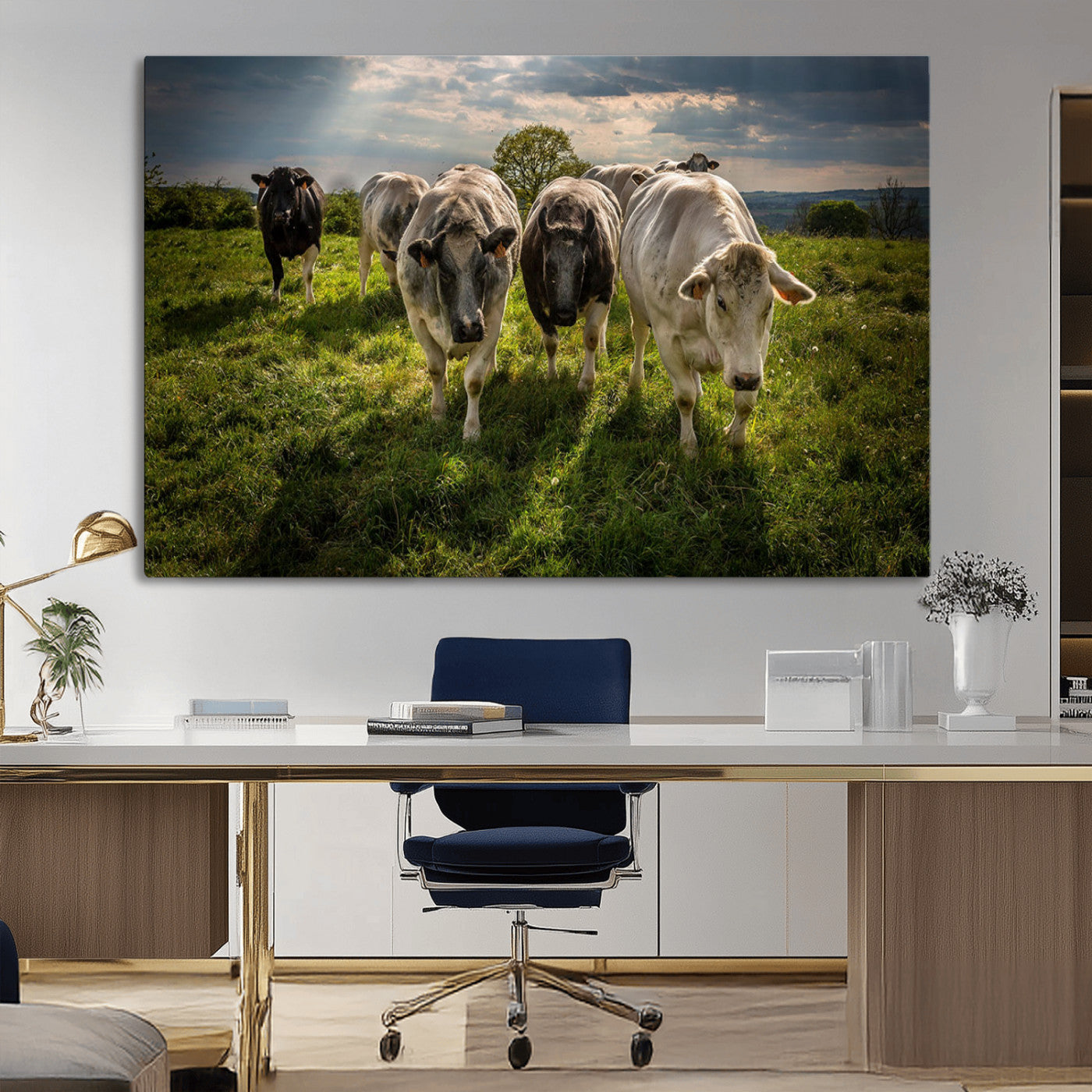67277447-MGV-CV-36X24-Grazing Cattle Herd Pasture Green Field Livestock Natural Farm Animals Rural Life Outdoor Wall Art Canvas Print