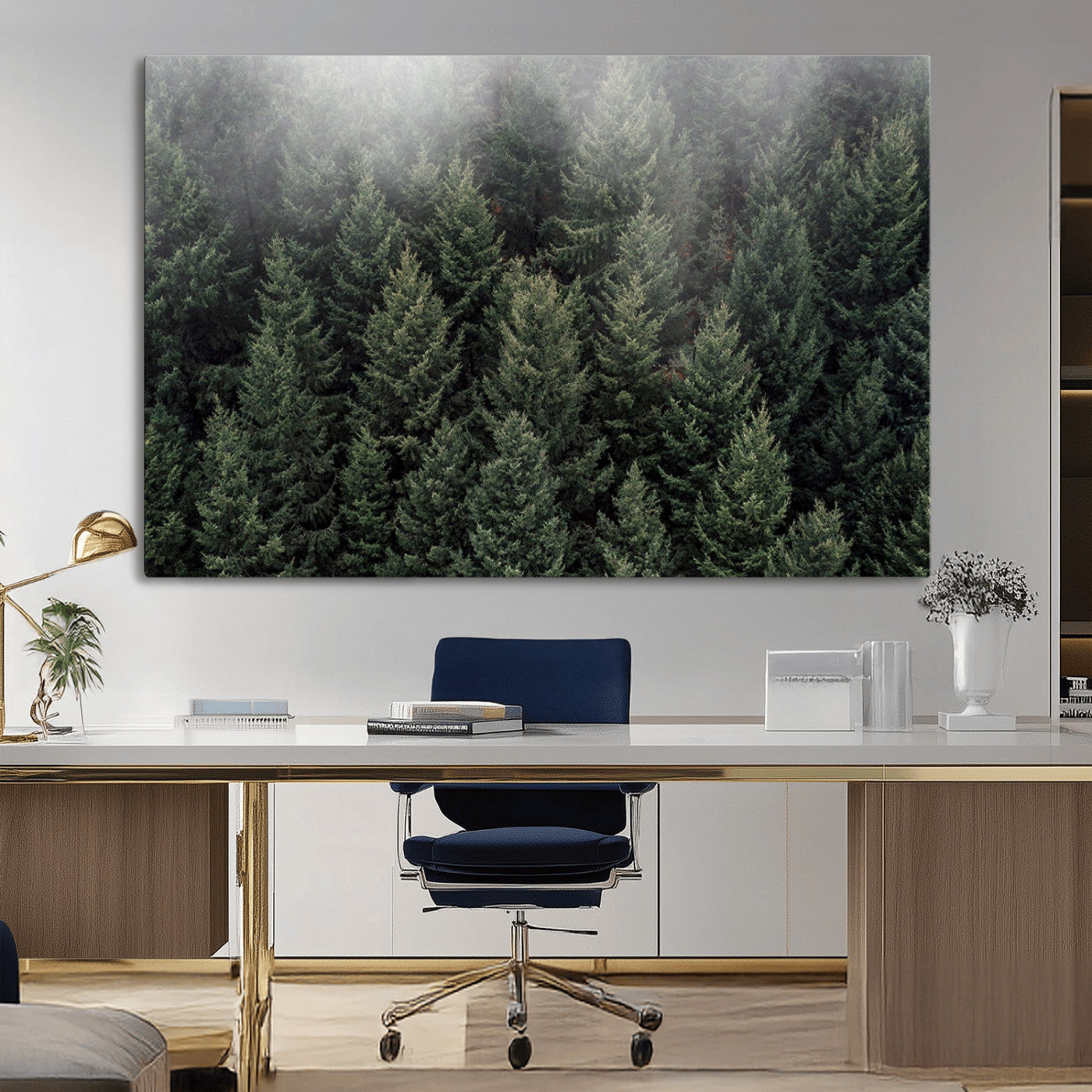 84059409-MGV-CV-36X24-Dense Evergreen Forest Misty Morning Fog Pine Trees Woodland Nature Landscape Calm Peaceful Scenic Wall Art Canvas Print