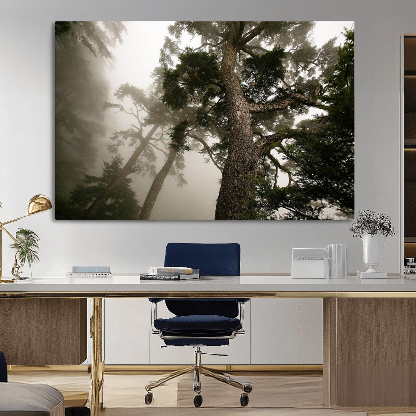 87969493-MGV-CV-36X24-Misty Forest Tall Trees Foggy Atmosphere Nature Serenity Calm Wooded Landscape Tranquil Scene Outdoor Beauty Wall Art Canvas Print