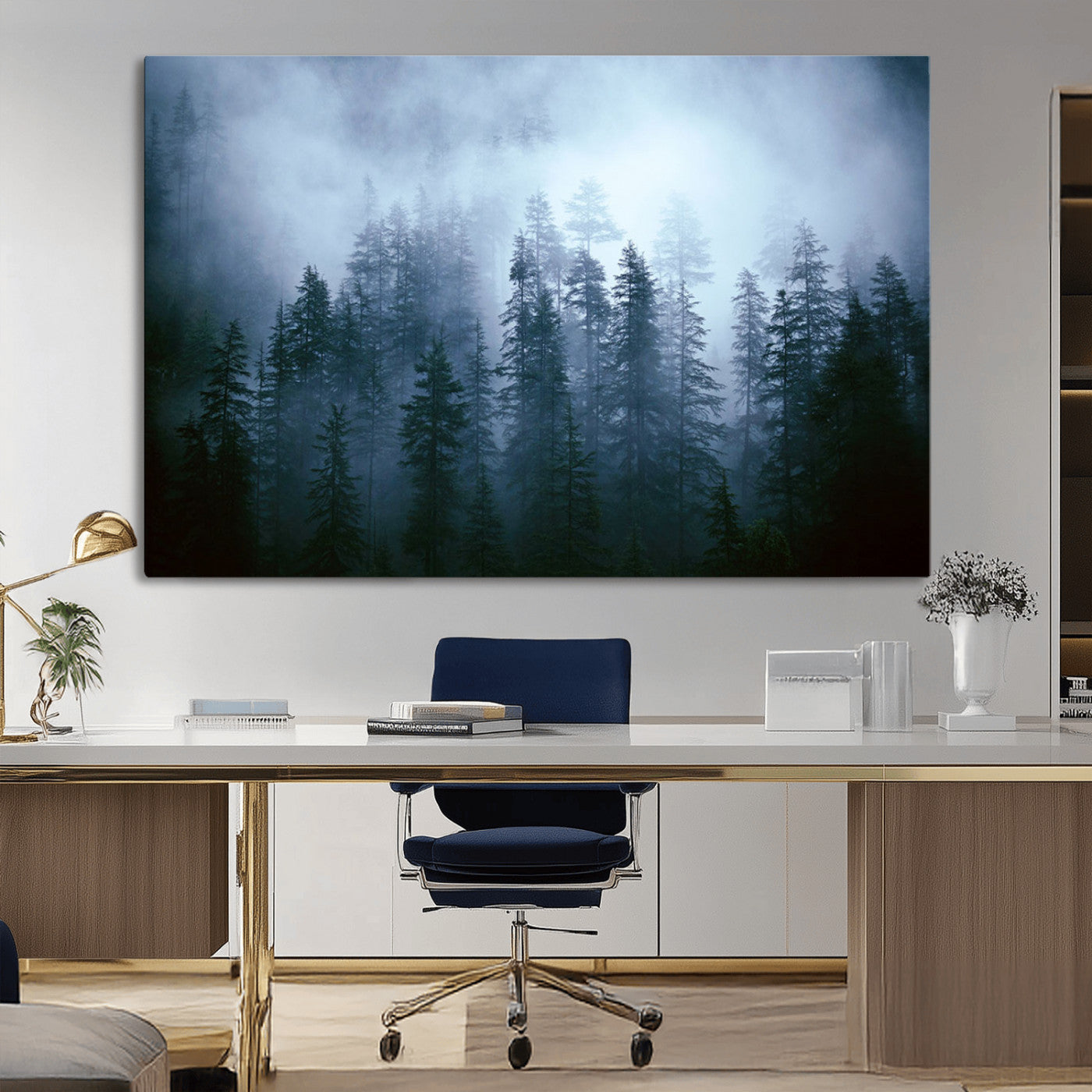 93439624-MGV-CV-36X24-Foggy Evergreen Pines Mist Forest Blue Haze Moody Atmospheric Wilderness Nature Trees Scenic Tranquil Peaceful Landscape Wall Art Canvas Print