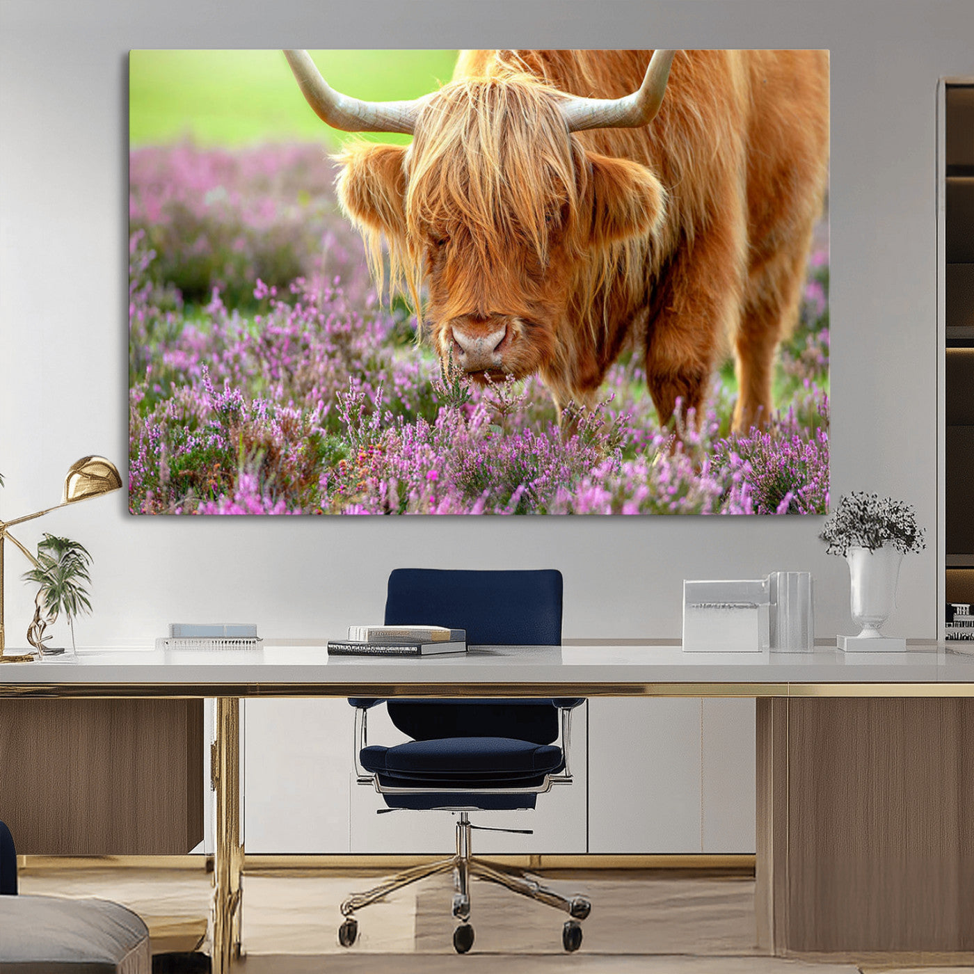 64069351-MGV-CV-36X24-Highland Cow Purple Flowers Nature Pasture Scenic Wildlife Animal Grazing Meadow Calm Rustic Charm Outdoors Peace Wall Art Canvas Print