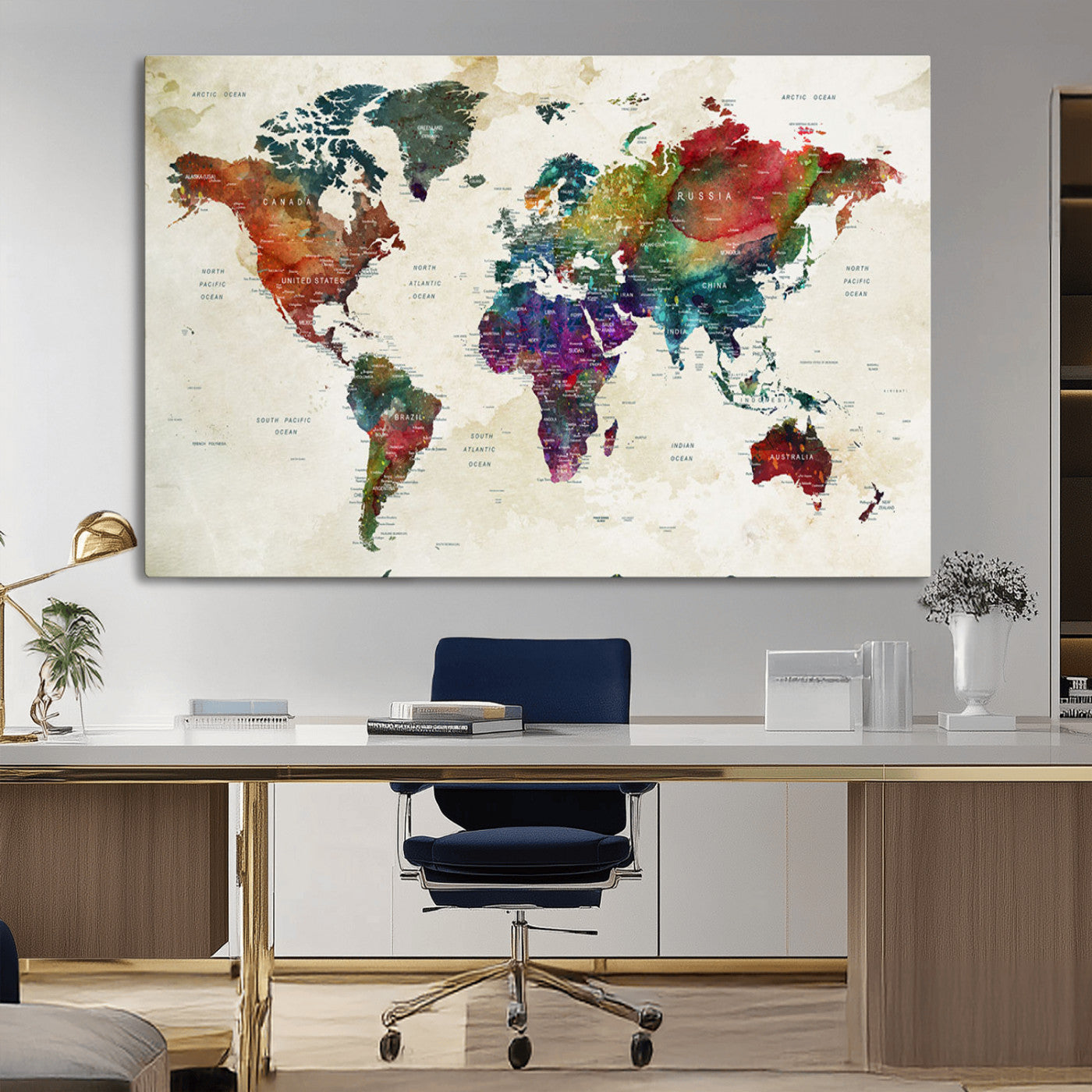 Colorful watercolor world map with countries labeled, featuring rich, vibrant hues across continents on a vintage beige background, Wall Art Canvas Print style.