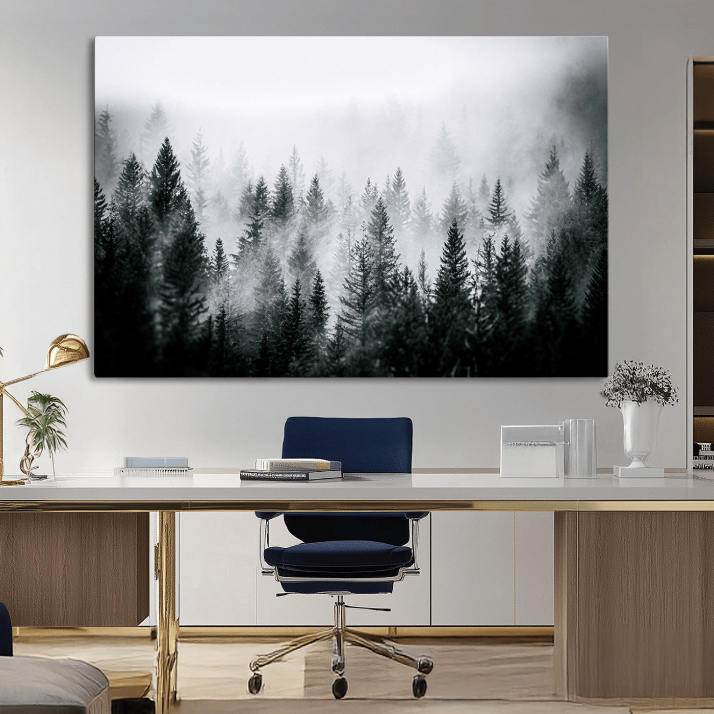 Horizontal black and white canvas wall art of foggy pine forest landscape for modern and rustic home decor