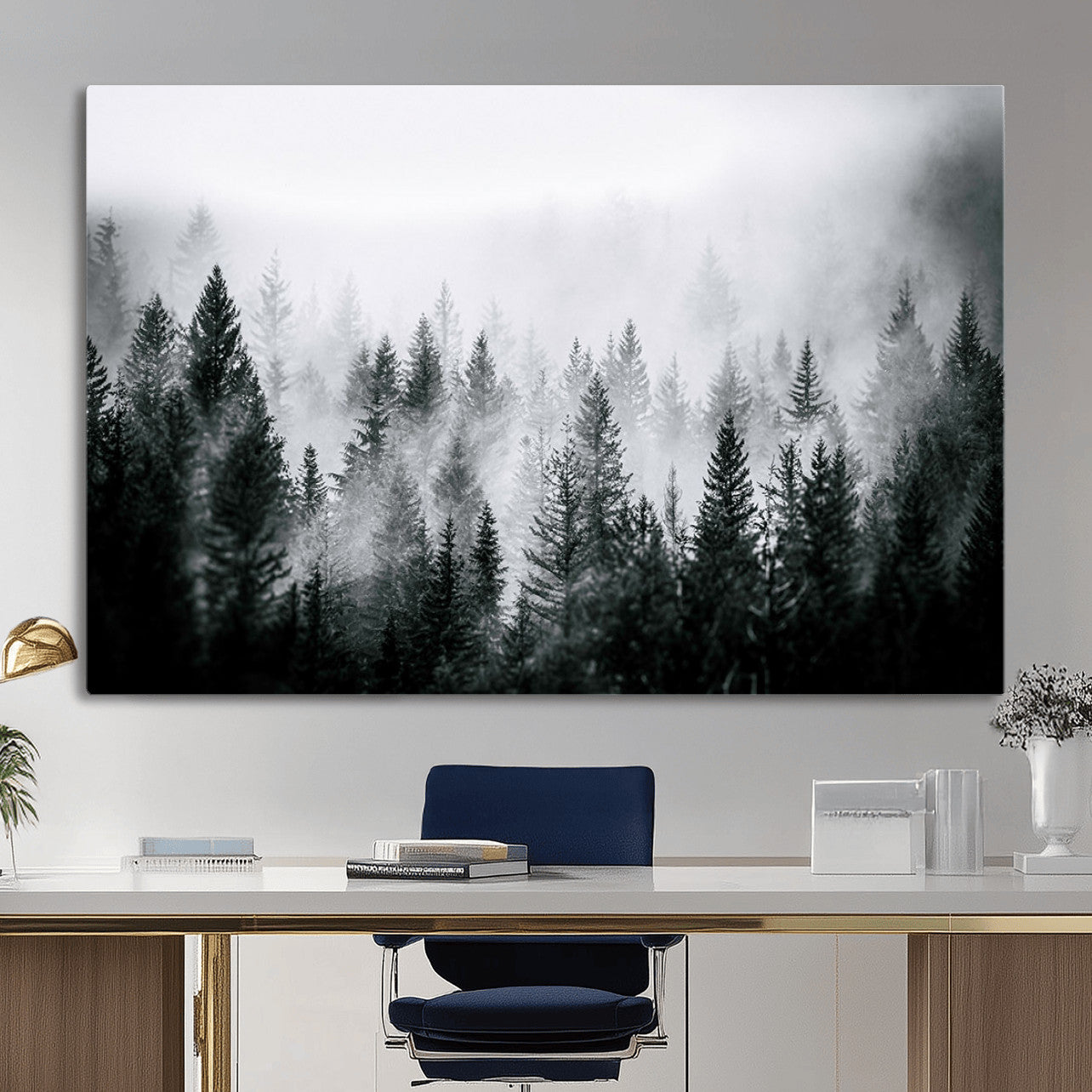 MGV-CV-36X24 - Foggy Pine Forest Canvas Wall Art – Black and White Nature Landscape Print, Horizontal Canvas for