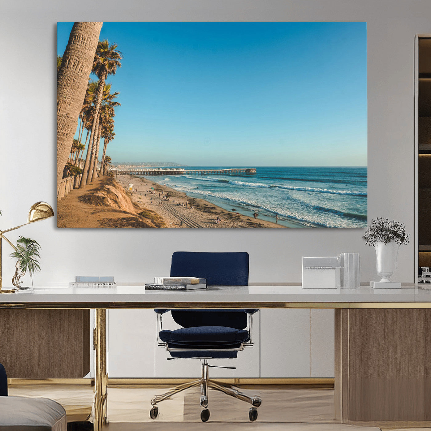 MGV-CV-36X24 - Scenic Beach with Tall Palm Trees, Sandy Shore, and Long Pier Stretching into the Calm Ocean Under