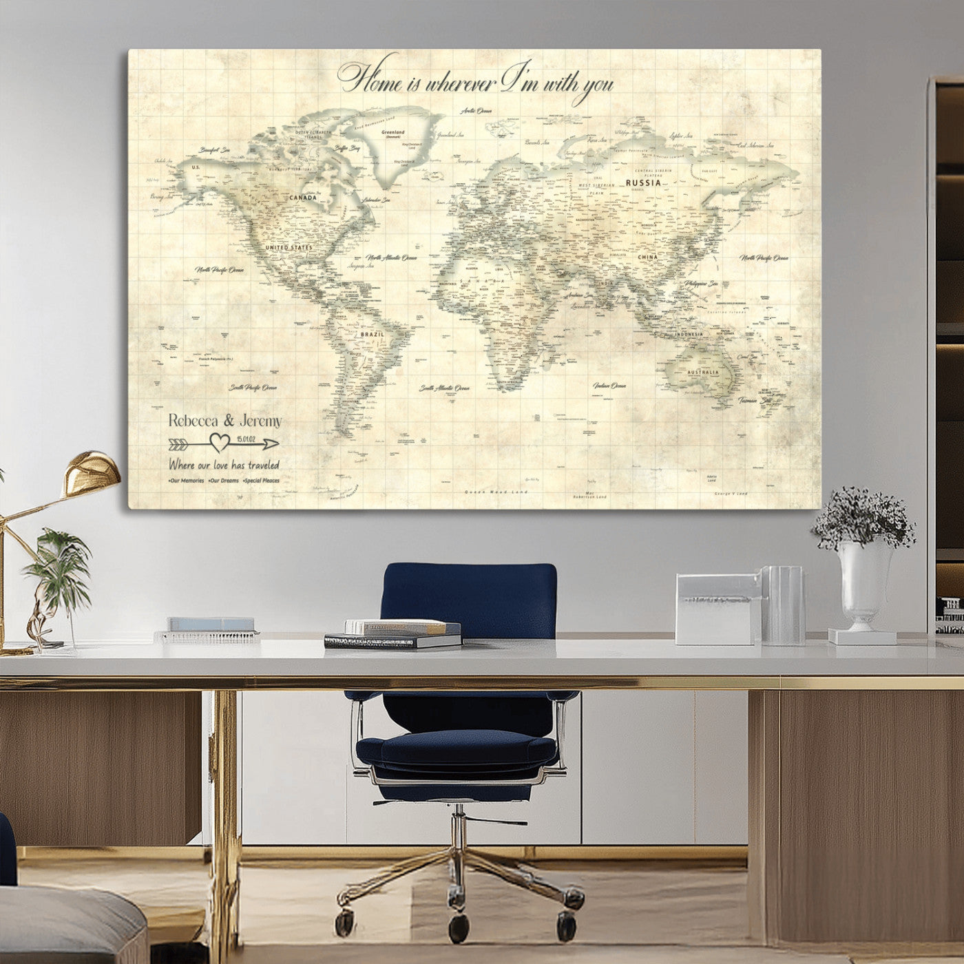 MGV-CV-36X24 - Personalized World Map Wall Art Canvas Print – Custom Push Pin Travel Map for Couples, Families, or Office Décor