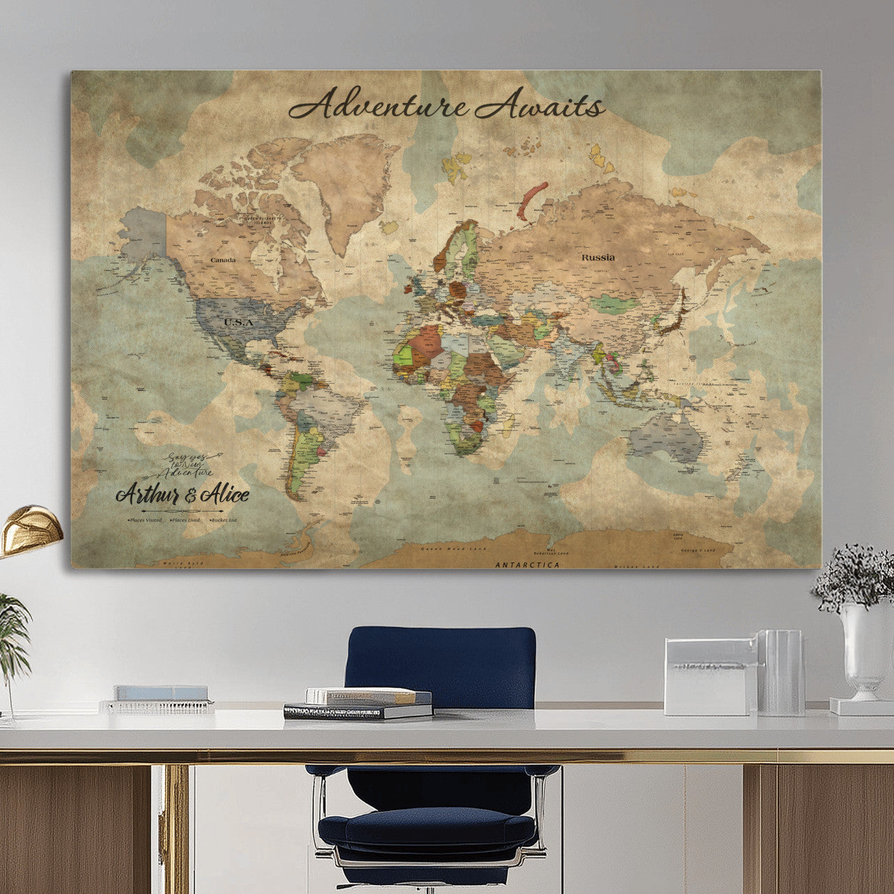 MGV-CV-36X24 - Personalized World Map Wall Art Canvas Print – Custom Push Pin Travel Map for Couples, Families, or Office Décor