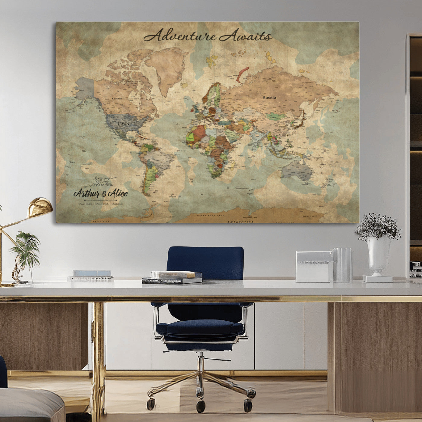 MGV-CV-36X24 - Personalized World Map Wall Art Canvas Print – Custom Push Pin Travel Map for Couples, Families, or Office Décor