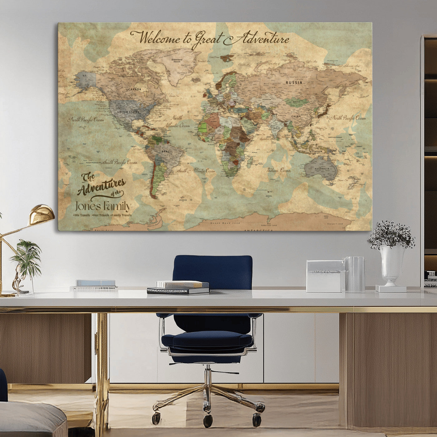 MGV-CV-36X24 - Personalized World Map Wall Art Canvas Print – Custom Push Pin Travel Map for Couples, Families, or Office Décor