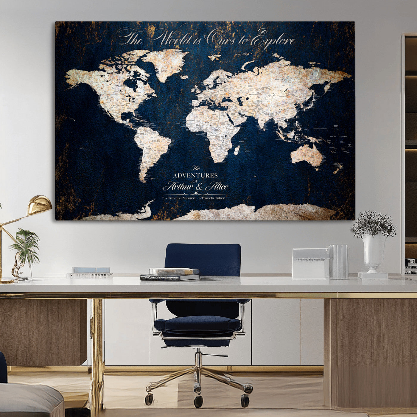 MGV-CV-36X24 - Personalized World Map Wall Art Canvas Print – Custom Push Pin Travel Map for Couples, Families, or Office Décor