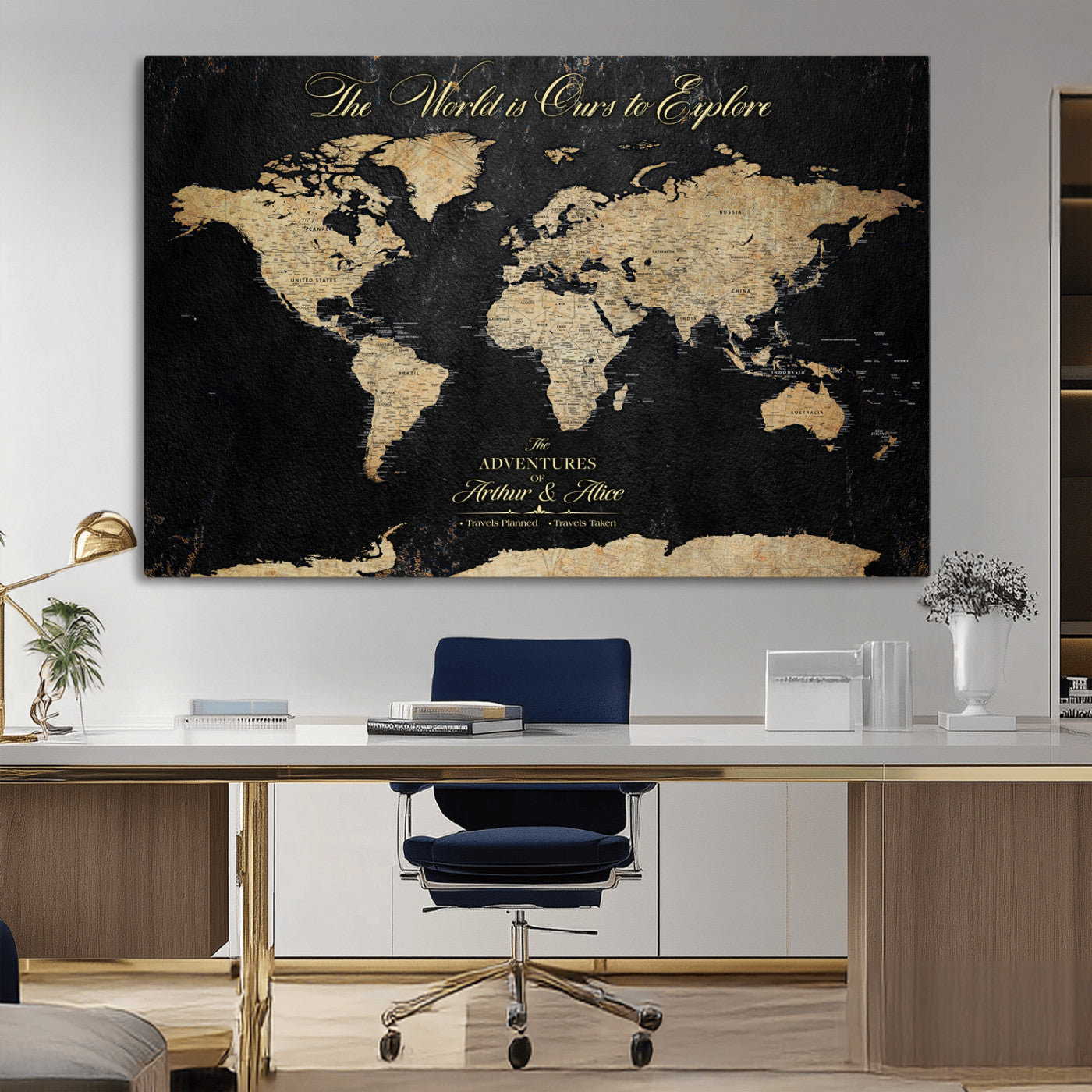 MGV-CV-36X24 - Personalized World Map Wall Art Canvas Print – Custom Push Pin Travel Map for Couples, Families, or Office Décor