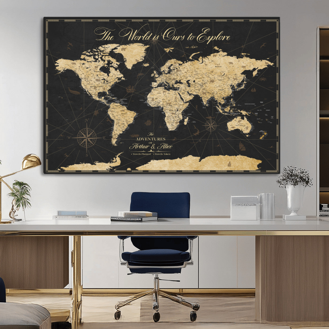 MGV-CV-36X24 - Personalized World Map Wall Art Canvas Print – Custom Push Pin Travel Map for Couples, Families, or Office Décor