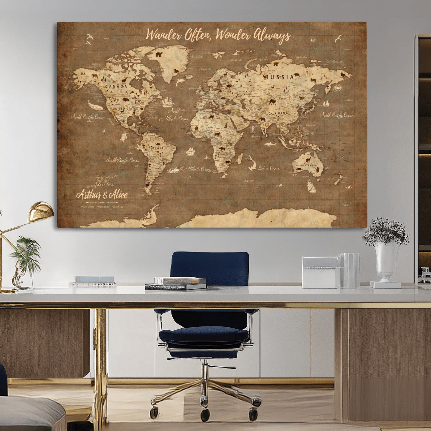 MGV-CV-36X24 - Personalized World Map Wall Art Canvas Print – Custom Push Pin Travel Map for Couples, Families, or Office Décor