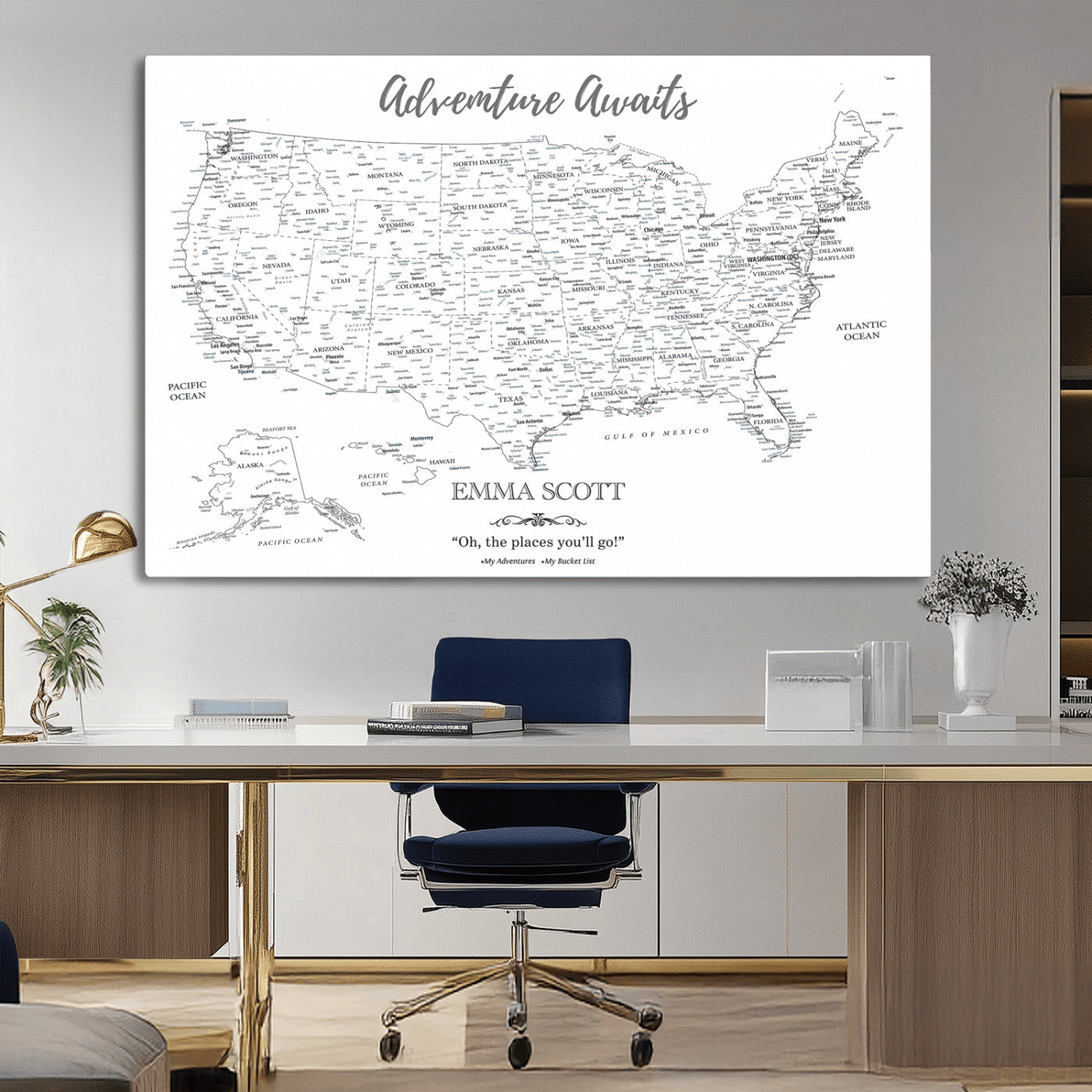 MGV-CV-36X24 - Personalized US Map Wall Art Canvas Print – Custom Push Pin Travel United States US Map for Couples, Families, or Office Décor