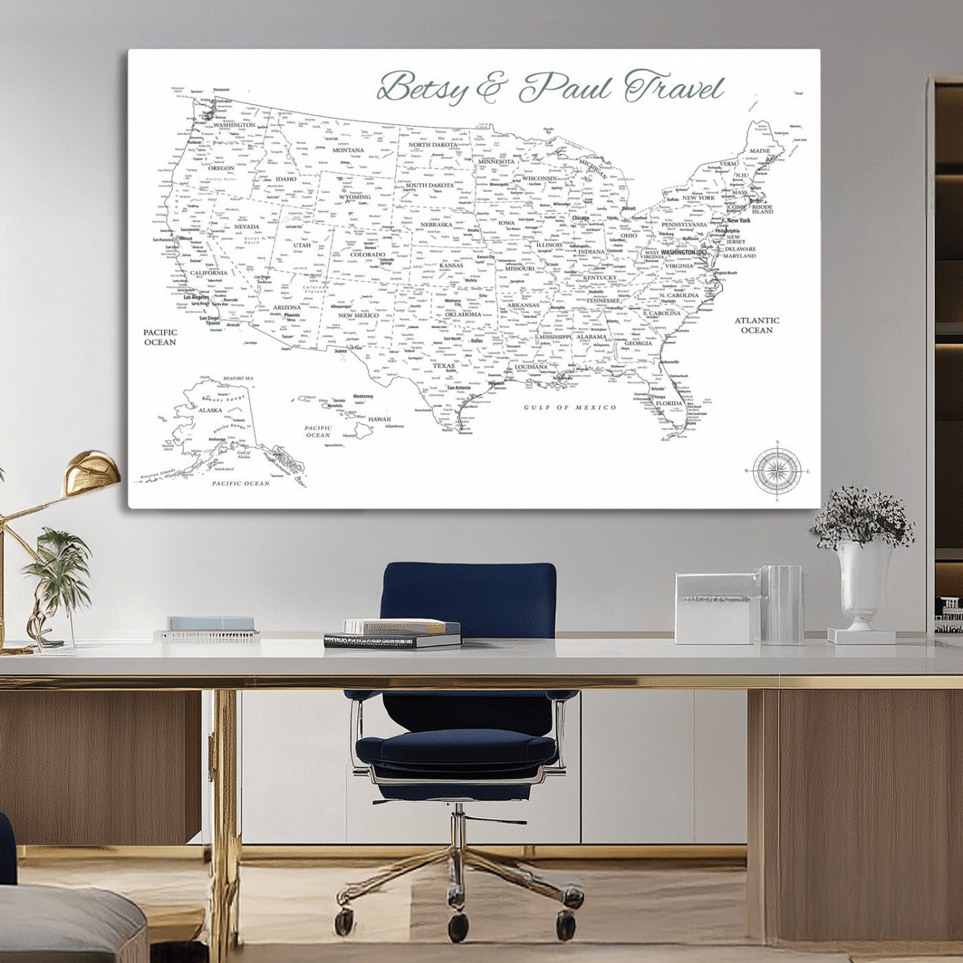 MGV-CV-36X24 - Personalized USA Map Wall Art Canvas Print – Custom Push Pin Travel American Map for Couples, Families, or Office Décor