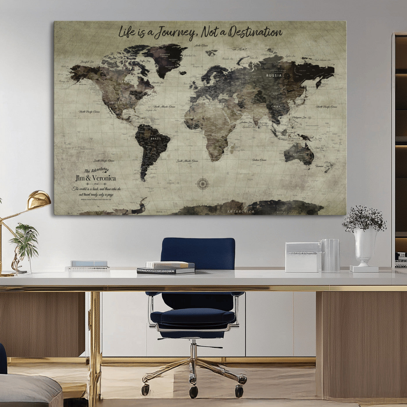 MGV-CV-36X24 - Personalized World Map Wall Art Canvas Print – Custom Push Pin Travel Map for Couples, Families, or Office Décor