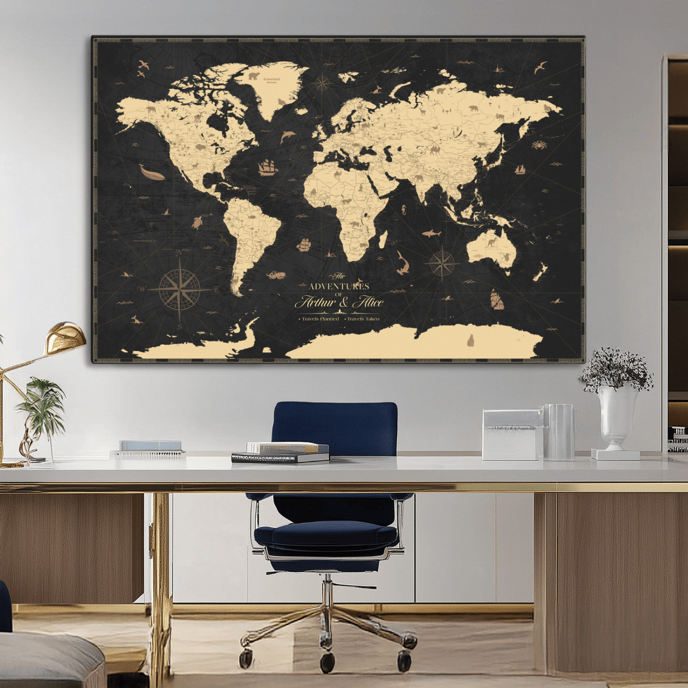 MGV-CV-36X24 - Personalized World Map Wall Art Canvas Print – Custom Push Pin Travel Map for Couples, Families, or Office Décor