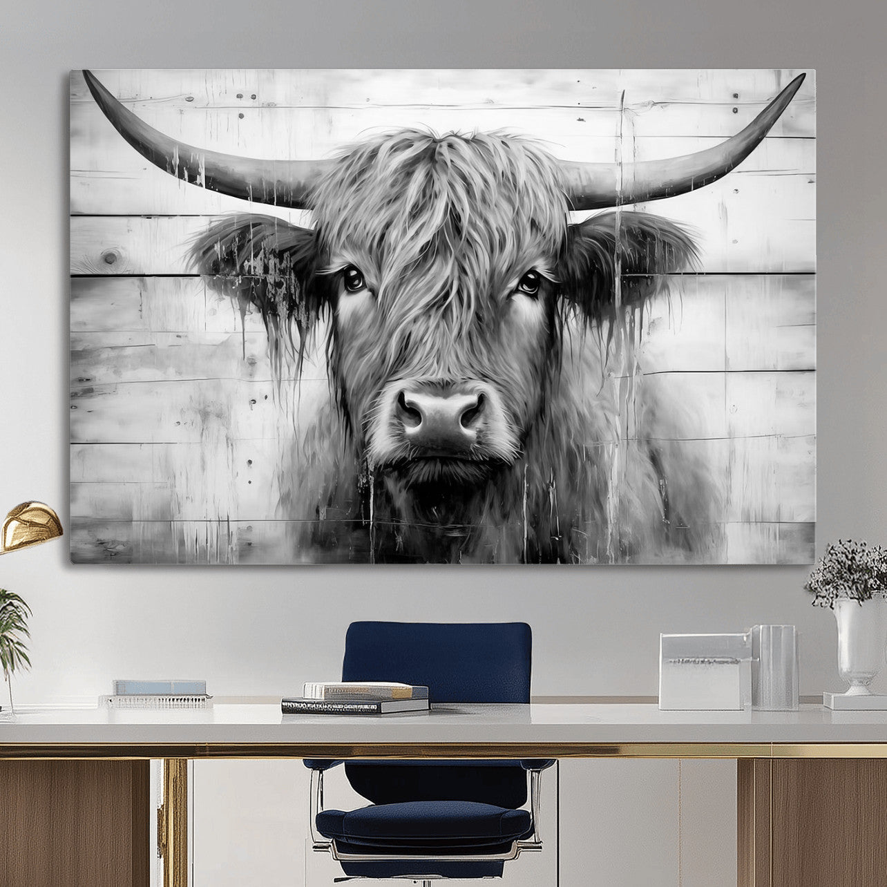 1001HASAN27-MGV-CV-36X24 - Black White Highland Cow Wall Art Canvas Print