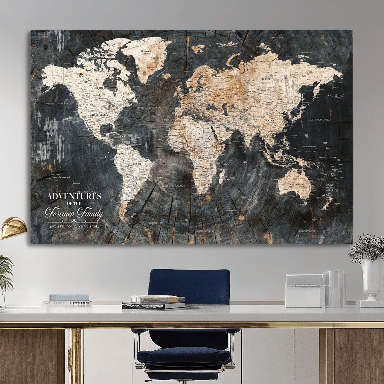 58265369-MGV-CV-36X24 - Customized Push Pin World Map Wall Art Canvas Print with Pins, Personalized Travel Tracker Map, Framed World Map for Living Room, Office and Home Decor