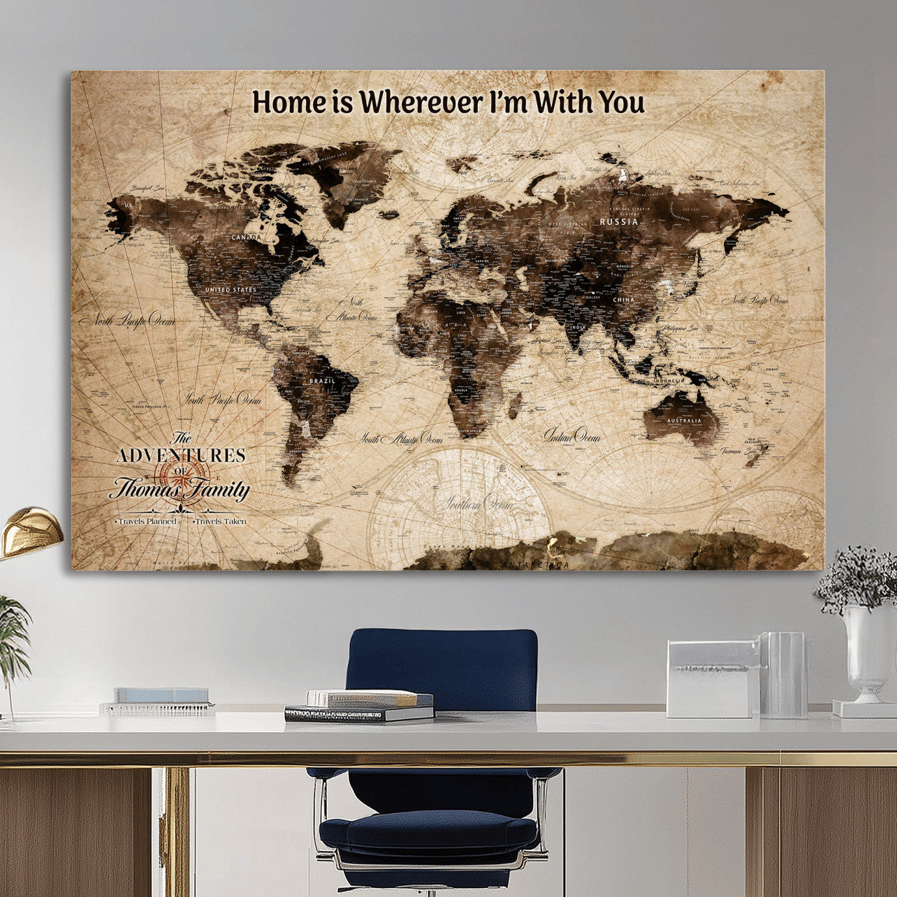 31398786-MGV-CV-36X24 - Personalized World Map Wall Art – Custom Framed Push Pin Travel Tracker Canvas Print Unique Gift for Home, Office