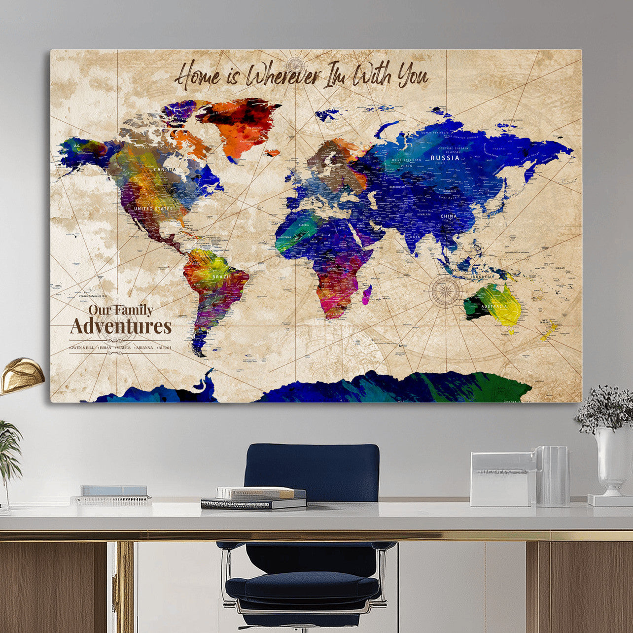 42795268-MGV-CV-36X24 - Personalized Push Pin World Map Canvas Print – Custom Adventure Travel Map, Framed Wall Art Gift for Couples or Family