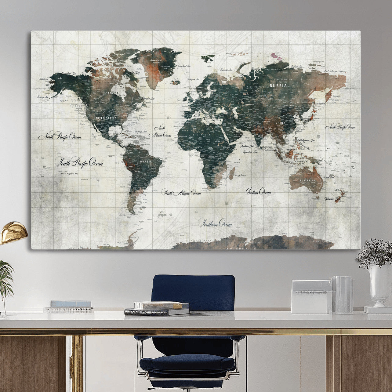 90149079-MGV-CV-36X24 - World Map Wall Art Canvas Print, Modern Decorative Framed Map Artwork Prints for Living Room, Office, Bedroom Wall Decor