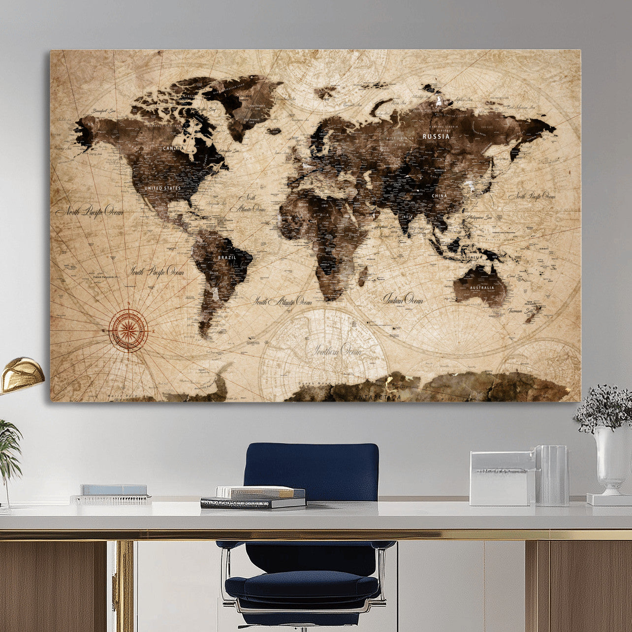 97114757-MGV-CV-36X24 - Vintage World Map Wall Art Canvas Print, Modern Decorative Framed Map Artwork Prints for Living Room, Office, Bedroom Wall Decor