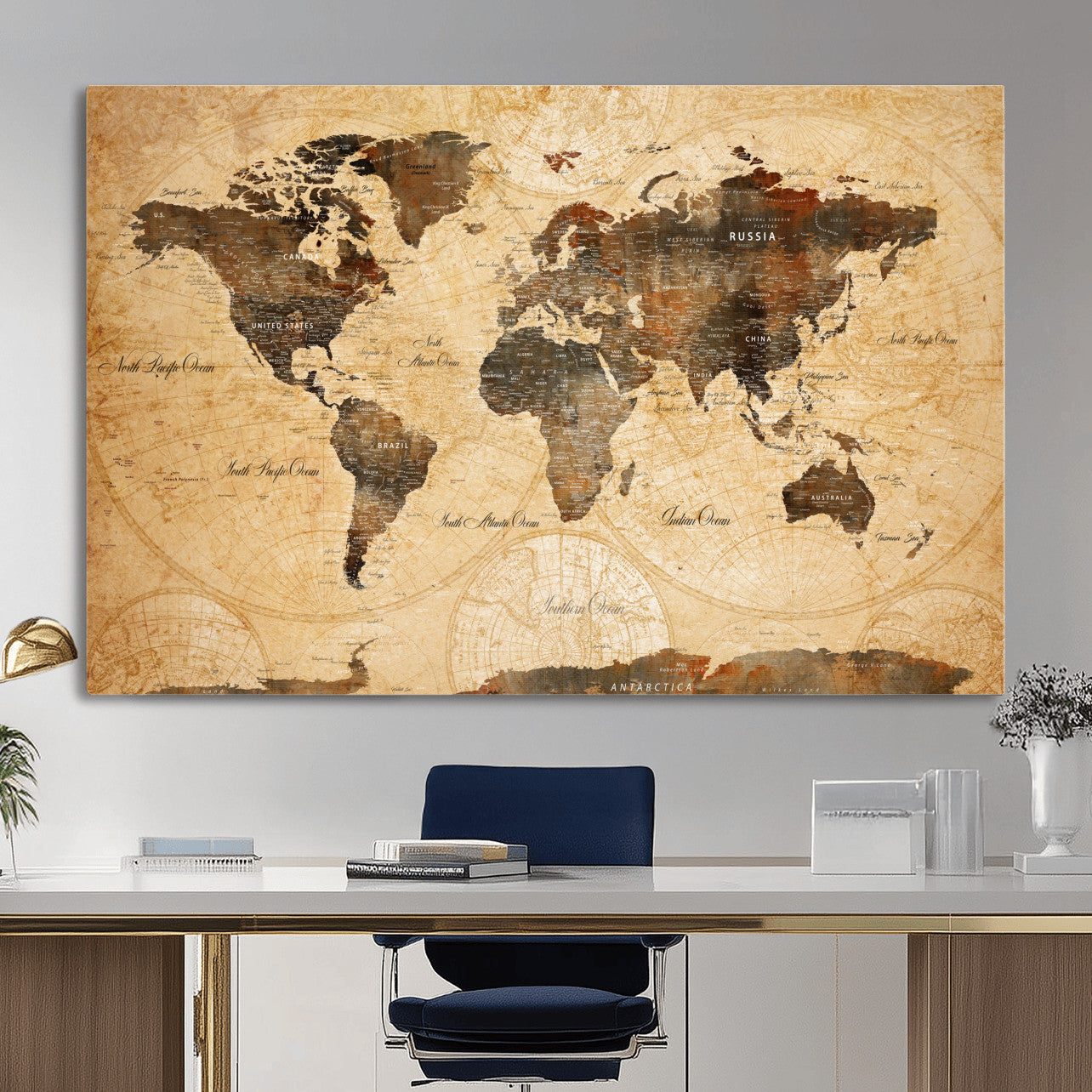 14542905-MGV-CV-36X24 - World Map Wall Art Canvas Print, Modern Decorative Framed Map Artwork Prints for Living Room, Office, Bedroom Wall Decor