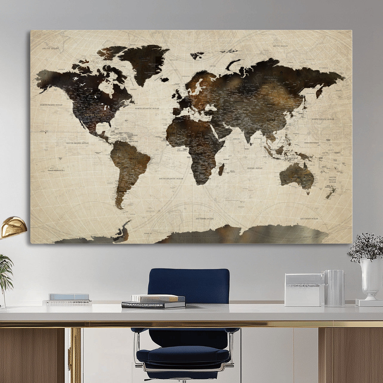 81771296-MGV-CV-36X24 - World Map Wall Art Canvas Print, Modern Decorative Framed Map Artwork Prints for Living Room, Office, Bedroom Wall Decor