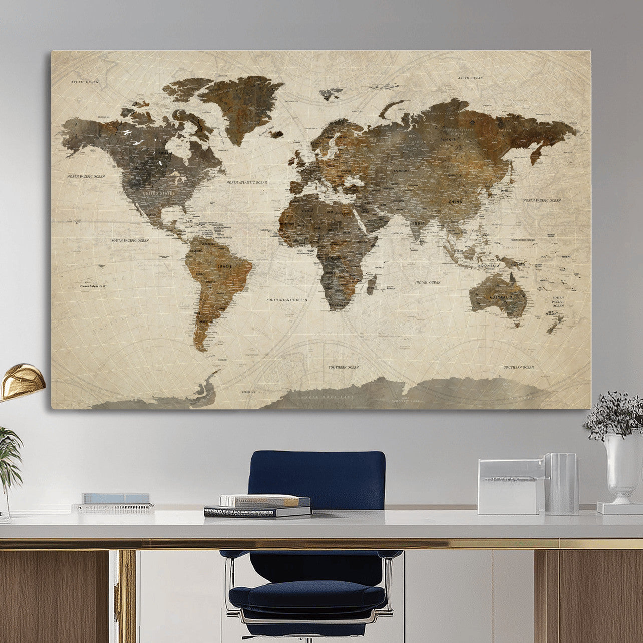 91849163-MGV-CV-36X24 - World Map Wall Art Canvas Print, Modern Decorative Framed Map Artwork Prints for Living Room, Office, Bedroom Wall Decor