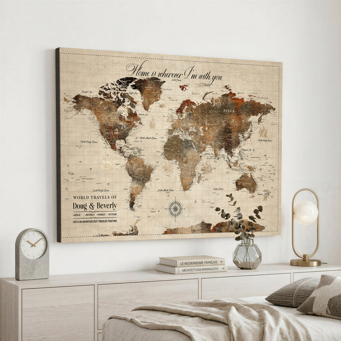 Large Custom Framed Beige Vintage World Travel Map Wall Art with Pins, Couples Countries Visited Map, Living Room and Hallway Decor