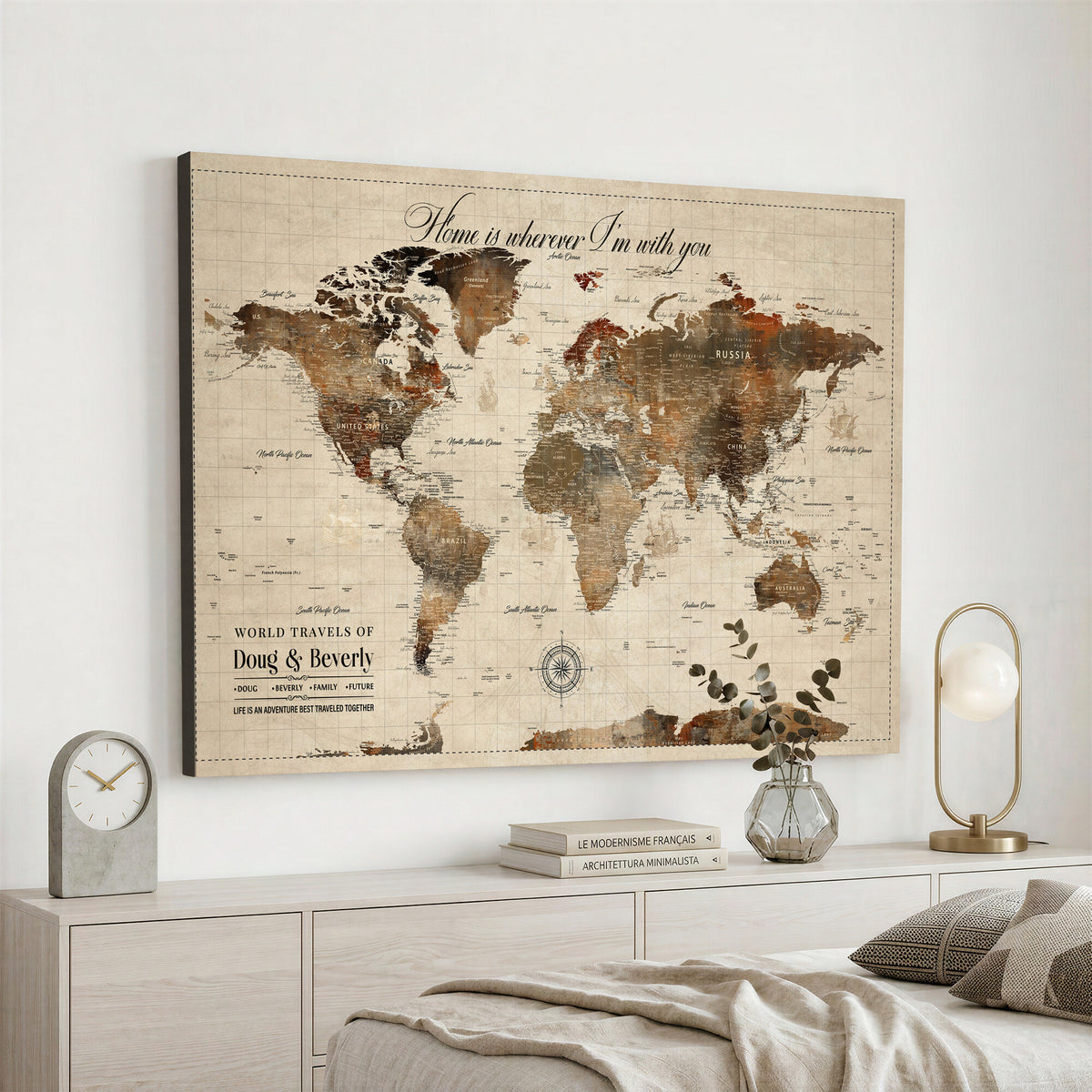 94399474-MGV-CV-36X24 - Large Custom Framed Beige Vintage World Travel Map Wall Art with Pins, Couples Countries Visited Map, Living Room and Hallway Decor