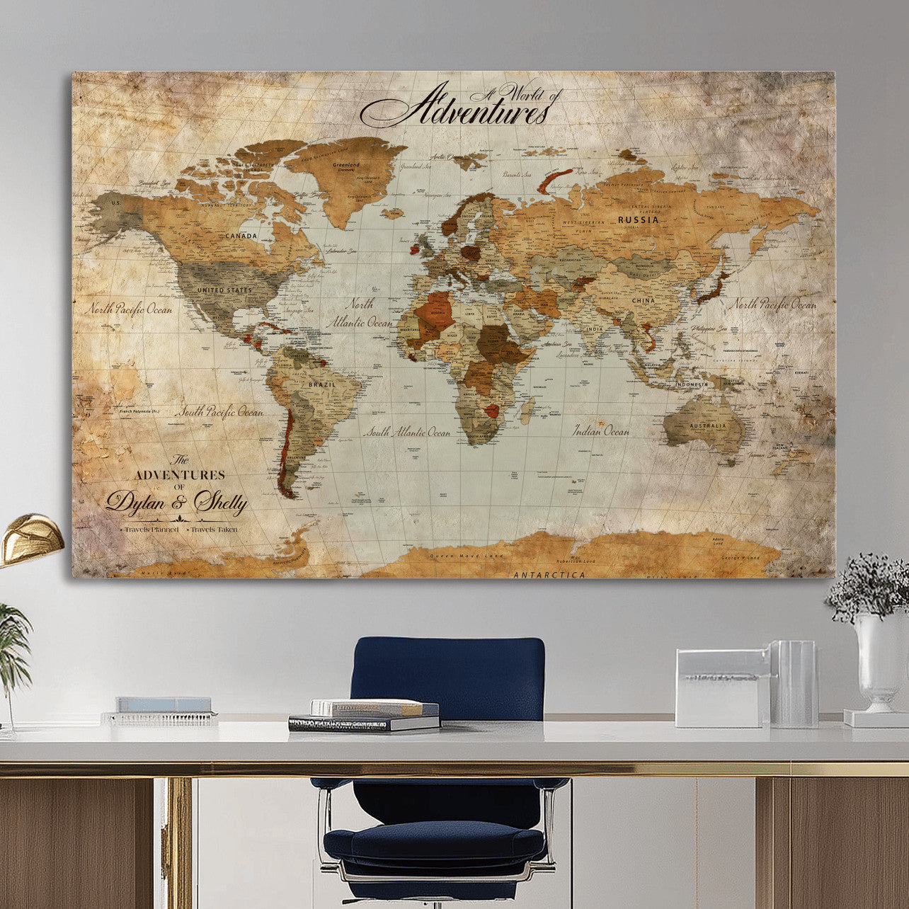 54461872-MGV-CV-36X24 - Custom Push Pin World Map Wall Art Canvas Print - Personalized Travel Tracker with Pins Framed Large for Home and Office Decor