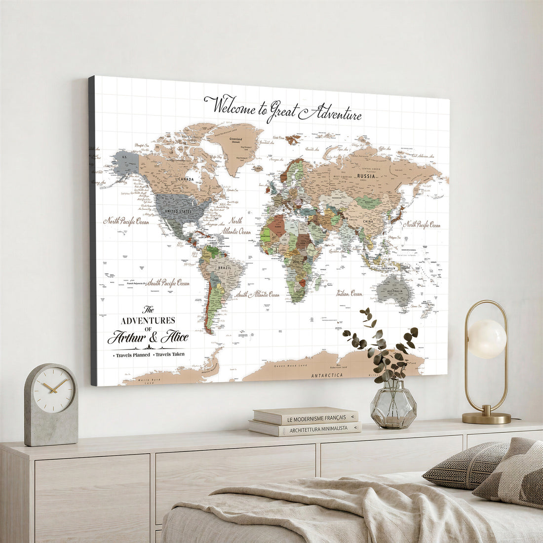 Custom Beige Push Pin World Map Wall Art, Bucket List Map, Study and Hallway Decor