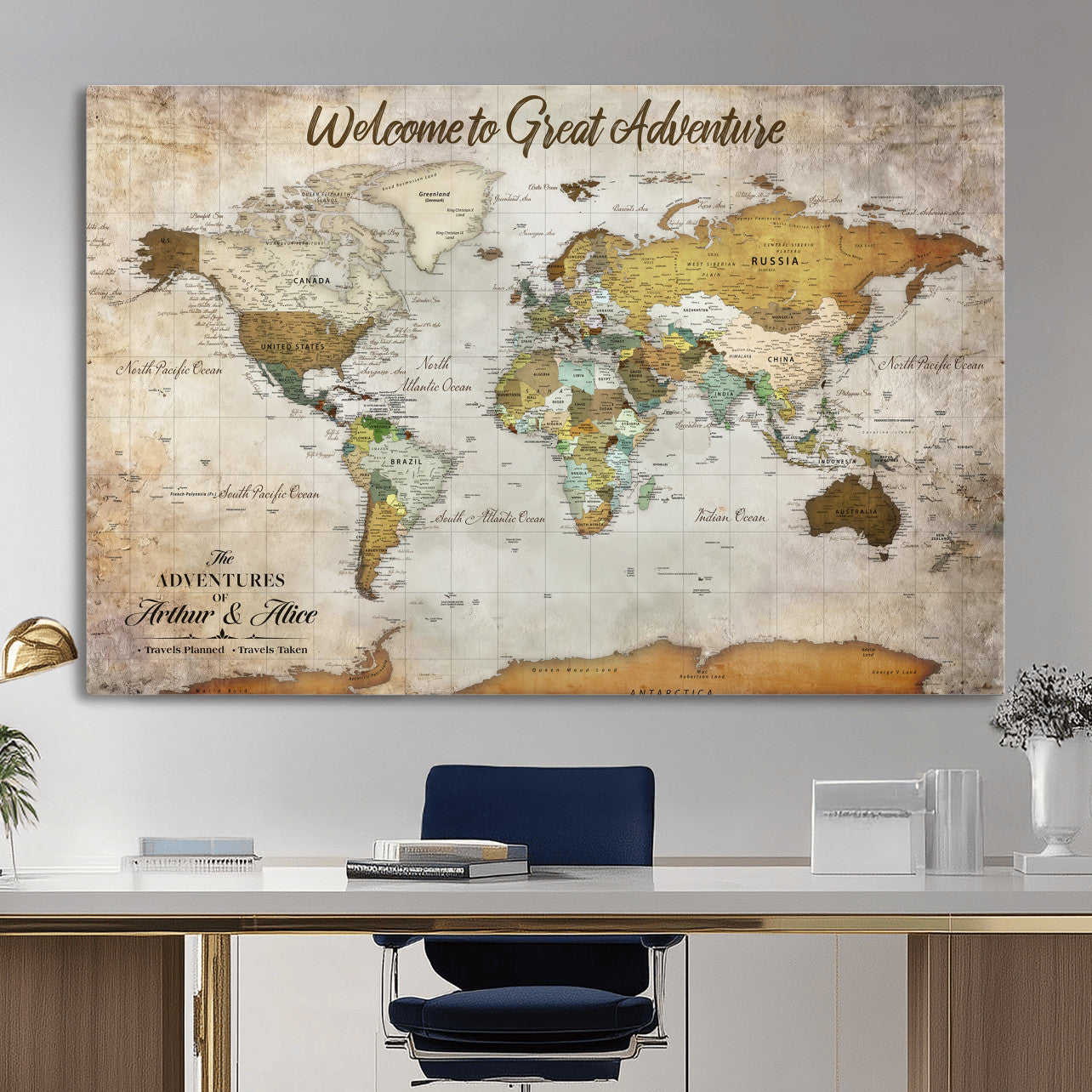 33043195-MGV-CV-36X24 - Custom Push Pin World Map Wall Art Canvas Print – Personalized Travel Tracker with Pins Framed Large for Home and Office Decor