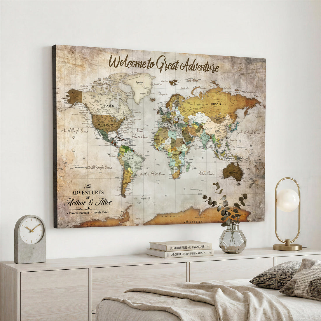 Personalized Beige World Travel Map Wall Art with Pins, Family Travel Tracker, Family Room and Study Decor