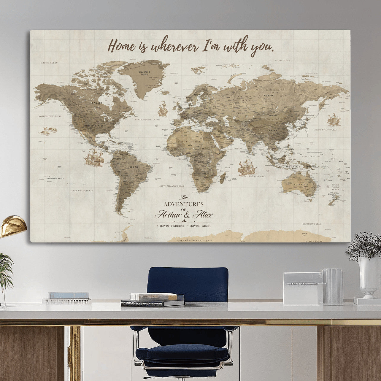61351027-MGV-CV-36X24 - Custom Push Pin World Map Wall Art Canvas Print – Personalized Travel Tracker with Pins Framed Large for Home and Office Decor