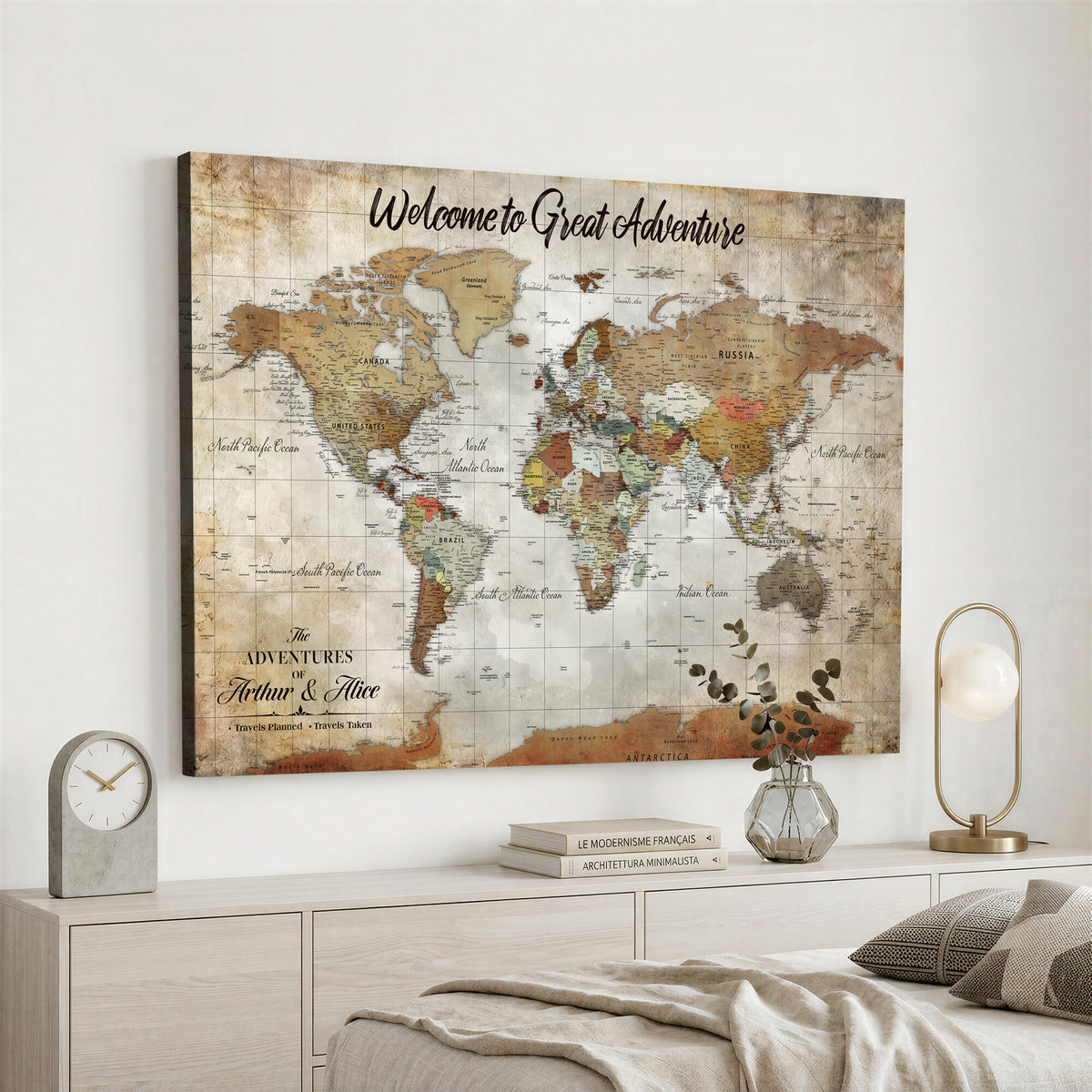 22906161-MGV-CV-36X24 - Personalized Beige Push Pin World Map Wall Art, Bucket List Map, Living Room and Family Room Decor