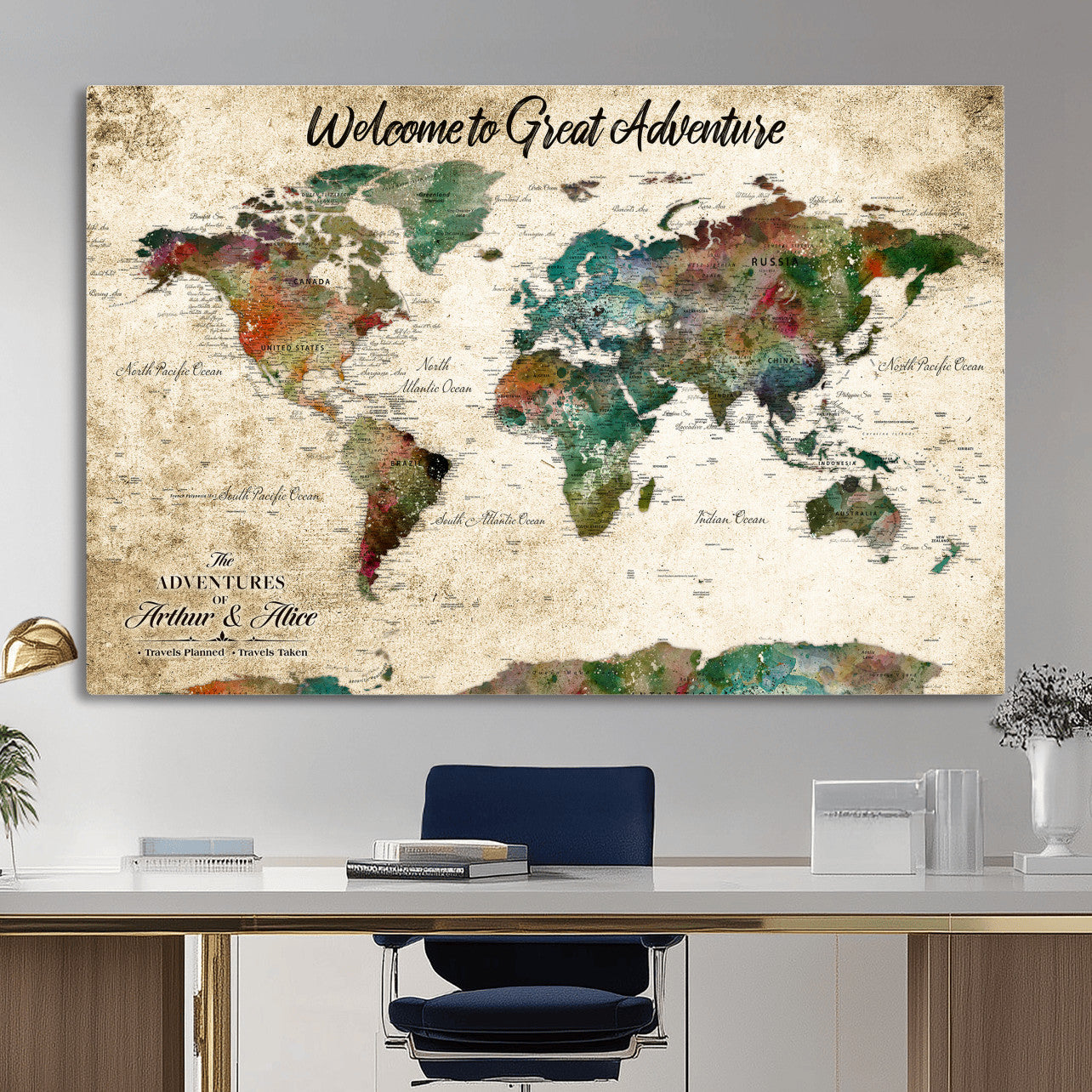 89225601-MGV-CV-36X24 - Custom Push Pin World Map Wall Art Canvas Print – Personalized Travel Tracker with Pins Framed Large for Home and Office Decor