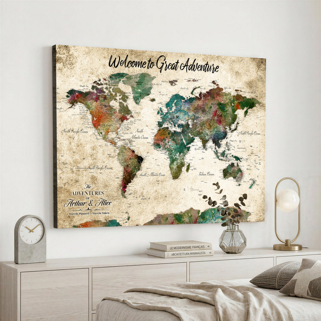 Personalized Beige Grunge World Map Canvas with Push Pins, Next Trip Planner Map, Family Room and Home Office Decor