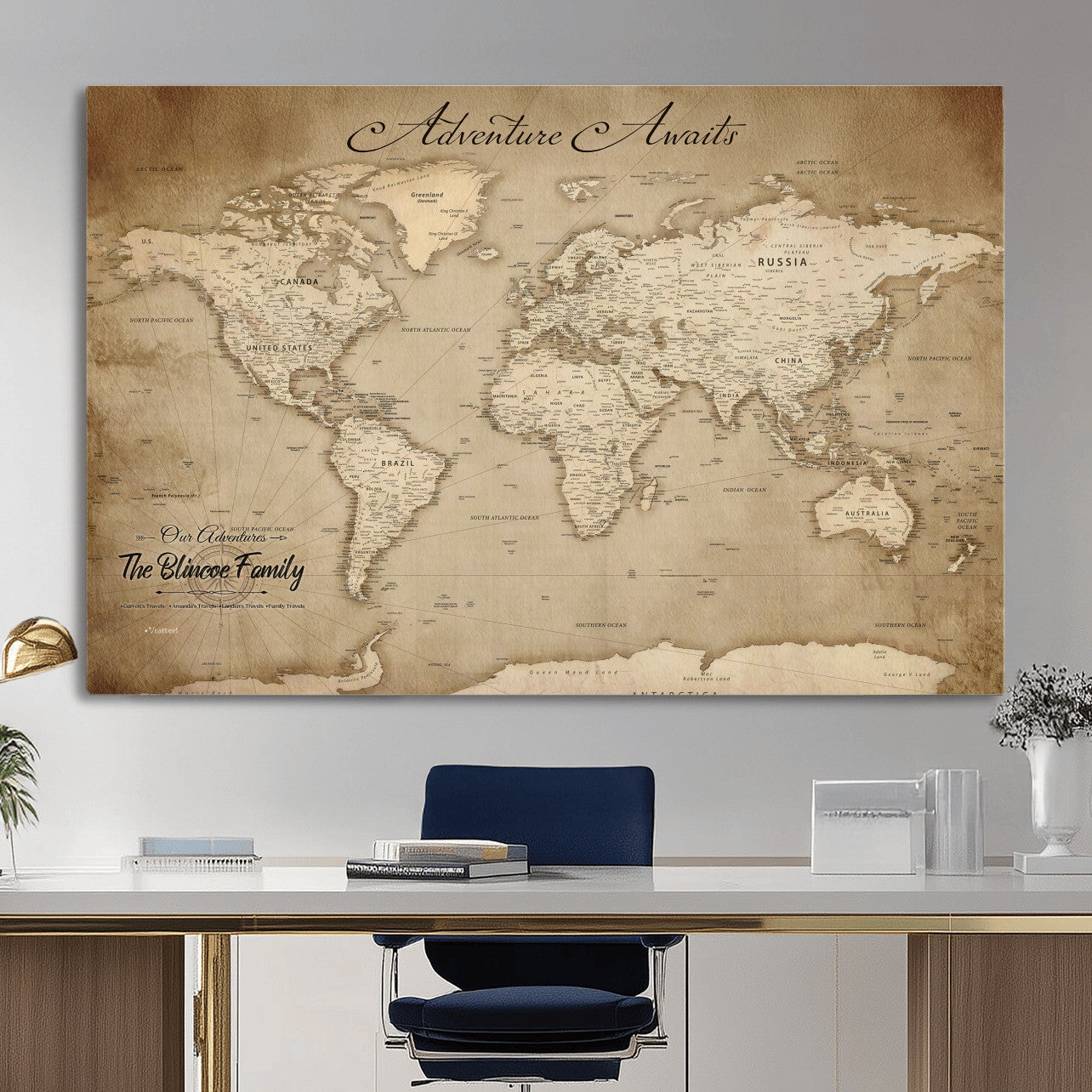 59757370-MGV-CV-36X24 - Custom Push Pin World Map Wall Art Canvas Print – Personalized Travel Tracker with Pins Framed Large for Home and Office Decor